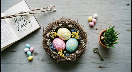 Easter eggs in a nest on a wooden background with text Happy Easterの素材
