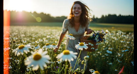 Beautiful woman with basket of daisies in the field at sunsetの素材