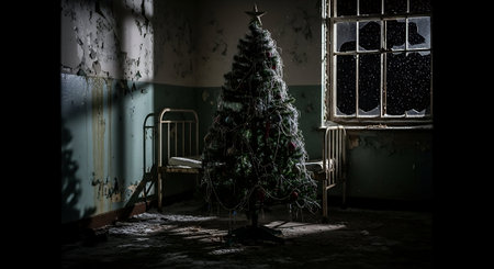 Abandoned dark room with broken window and christmas tree.の素材
