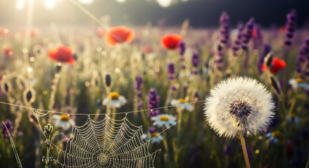 Dandelion and spider web in the meadow at sunset.の素材
