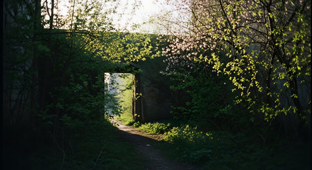 Sunlit Path Leading Through Overgrown Ruins in Spring Forestの素材