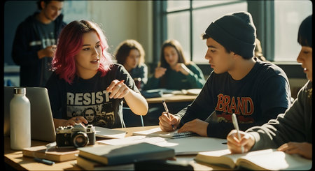 Group of students studying together in a classroom. Selective focus.の素材