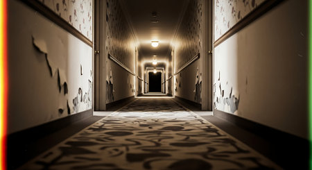 Creepy Abandoned Hotel Hallway With Peeling Paint and Dim Lightsの素材