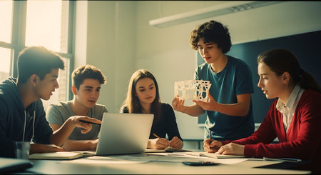 Group of young students working on a project together in a modern officeの素材