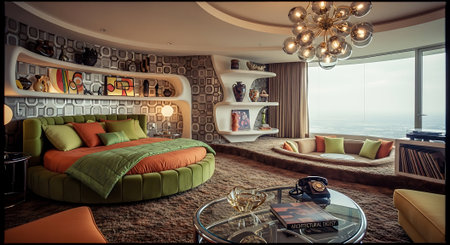 Interior of a hotel bedroom with a view of the sea. 3d renderの素材