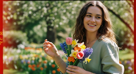 Beautiful young woman holding a bouquet of spring flowers in the gardenの素材