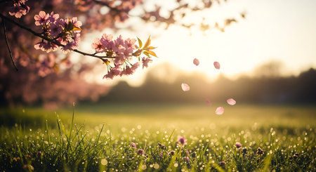 Beautiful cherry blossom sakura flowers with bokeh backgroundの素材
