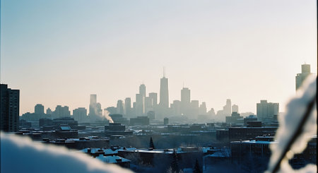 Cityscape with buildings covered with snow at sunset, panoramic viewの素材