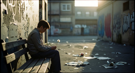 Homeless man sitting on a bench in the street and looking at the cameraの素材