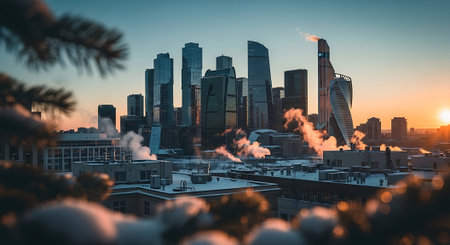 Skyscrapers of Moscow city business center at sunset, Russiaの素材