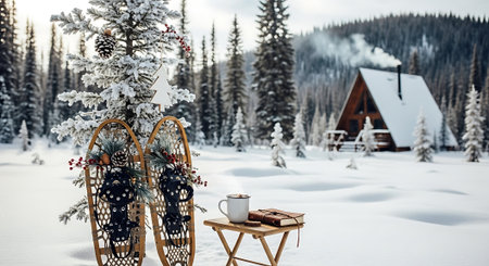 Cup of coffee and Christmas tree on a wooden chair in the mountainsの素材