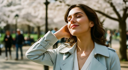 Portrait of a beautiful young brunette woman in a beige coat in the spring parkの素材