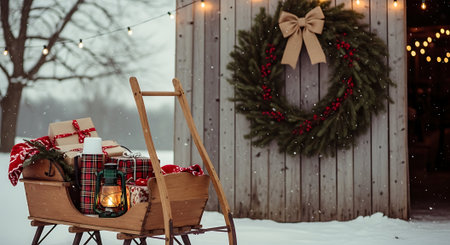 Christmas wreath on a wooden sled with gifts in the snow.の素材