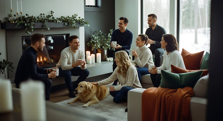 Group of friends sitting on sofa in living room and drinking coffee.の素材