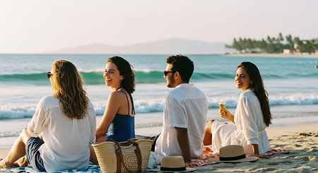 Group of friends sitting on the beach, talking and drinking beer.の素材
