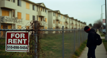 For Rent sign on a fence in a residential area. Selective focus.の素材