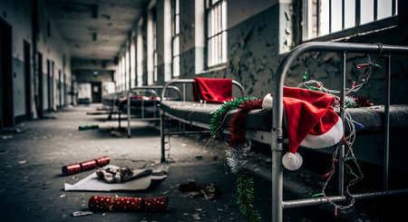 Abandoned Hospital Ward With Christmas Decorations and Decayの素材