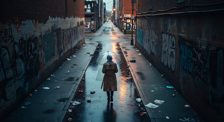A girl in a raincoat with an umbrella walks along the street.の素材