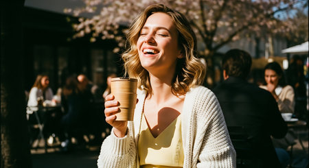 beautiful young woman holding paper cup of coffee and laughing on streetの素材