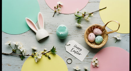 Easter eggs and spring flowers on rustic wooden background, flat layの素材