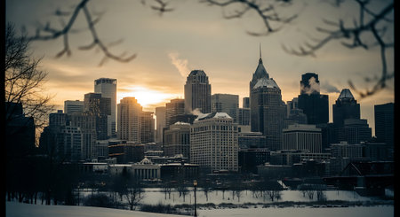 Panoramic view of downtown Pittsburgh, Pennsylvania, USA during sunset.の素材