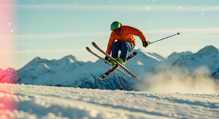 Flying skier on mountains. Extreme winter sport. 3D Renderingの素材