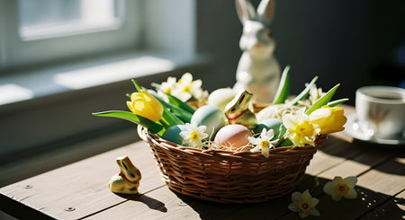 Easter eggs and spring flowers in a basket on a wooden table.の素材