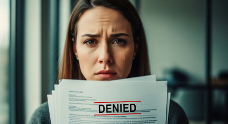 frustrated businesswoman holding documents with denied lettering in officeの素材