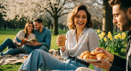 selective focus of happy young woman holding cup of coffee and croissant while friends reading book in parkの素材