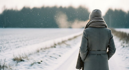 Young woman in winter coat and knitted hat walking on snowy roadの素材