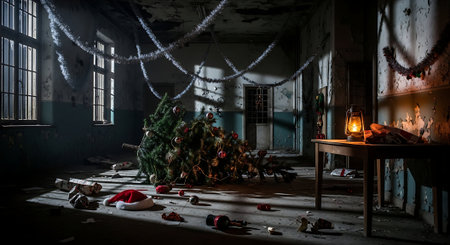 Abandoned room with christmas tree and santa claus hatの素材