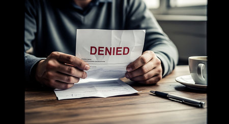 Businessman reading a document with the word DENIED in the officeの素材