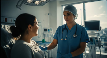 Doctor and patient discussing something while sitting at the table. Medicine and health care concept.の素材