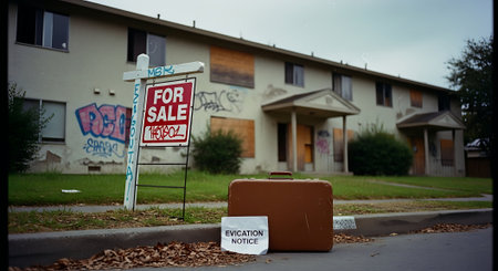 Suitcase in front of a new house for sale with a sign for sale.の素材