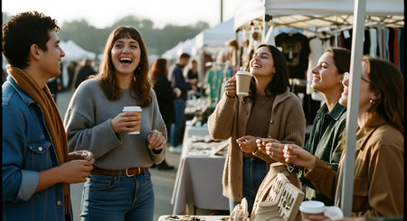 Group of friends having fun on a street food market, drinking coffeeの素材