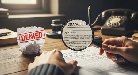 Insurance Claim Denied Paperwork Under Scrutiny With Magnifying Glassの素材
