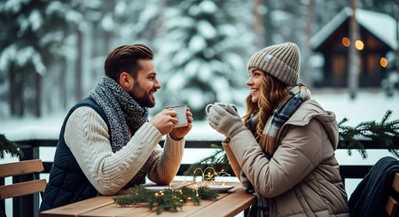 Young couple drinking hot coffee in the winter park. Christmas and New Year concept.の素材