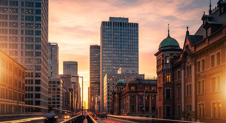 Frankfurt am Main, Germany. Cityscape of Frankfurt am Main at sunset.の素材