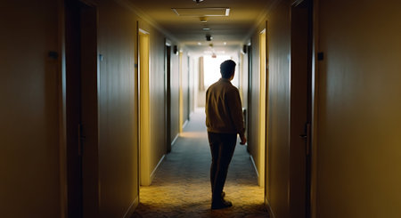 Man Standing Alone in Dimly Lit Hallway With Dramatic Backlightingの素材