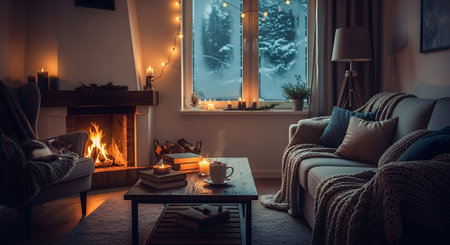 Cozy living room with fireplace, cozy sofa, coffee table, books and christmas lightsの素材
