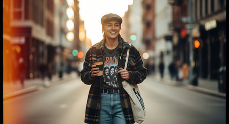 Portrait of a young man with a skateboard in the cityの素材