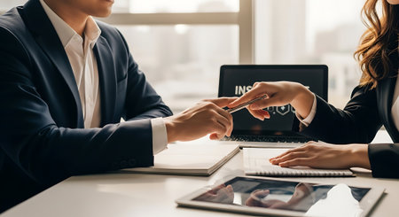 Business people discussing the charts and graphs showing the results of their successful teamworkの素材