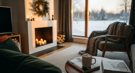 Cozy living room with fireplace, sofa, coffee cup and bookの素材