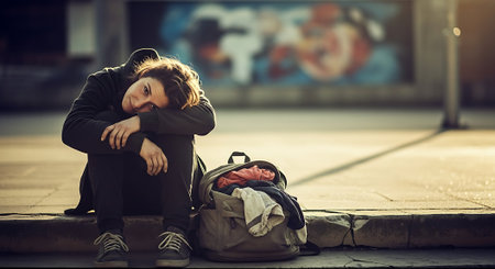 Sad young woman sitting on the street with her backpack in her hands.の素材