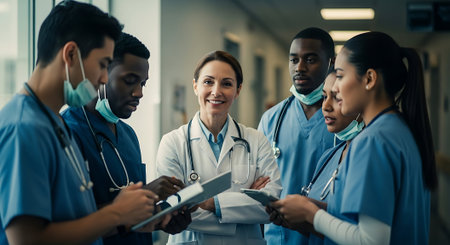 multiethnic group of doctors and nurses working together in hospital corridorの素材