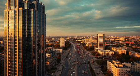 Aerial view of the city of Minsk at sunset. Belarusの素材
