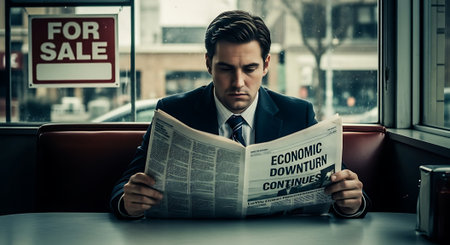 Businessman reading a newspaper in a coffee shop. Business concept.の素材