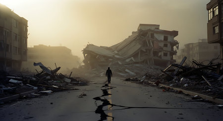 Man Walking Through Earthquake Aftermath on Destroyed City Streetの素材