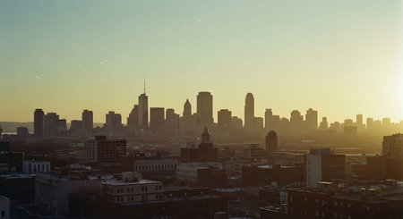 New York City skyline at sunset with urban skyscrapers and sunlight.の素材