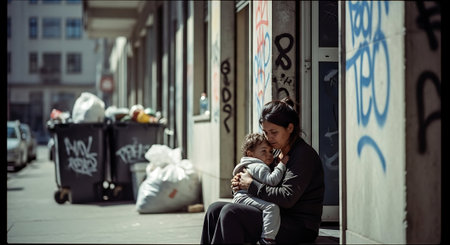 Homeless woman with her child in the street. Poverty concept.の素材